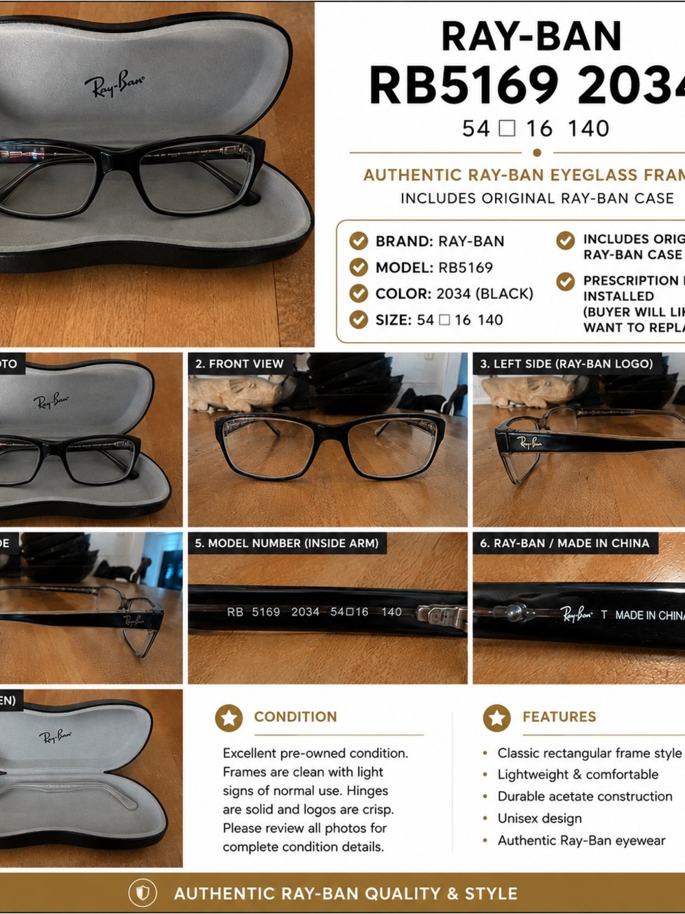 Ray-Ban RB5169 2034 Black Eyeglass Frames 54-16-140 w/ Original Case
